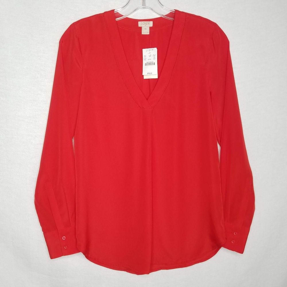 J Crew NWT Blouse V-neck Pleat Long Sleeve Red XXS‎